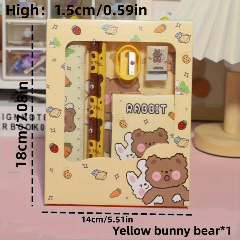 Cartoon Handheld Stationery Set for Students with 2 Pencils Ruler Eraser Notebook in 4 Colors
