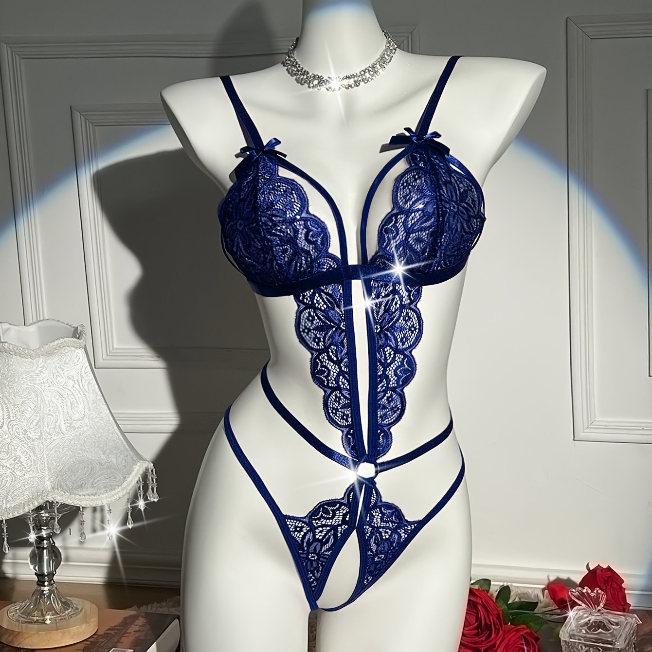 Women's Lace Teddy with Open Crotch and Bow Detail Sexy Lingerie