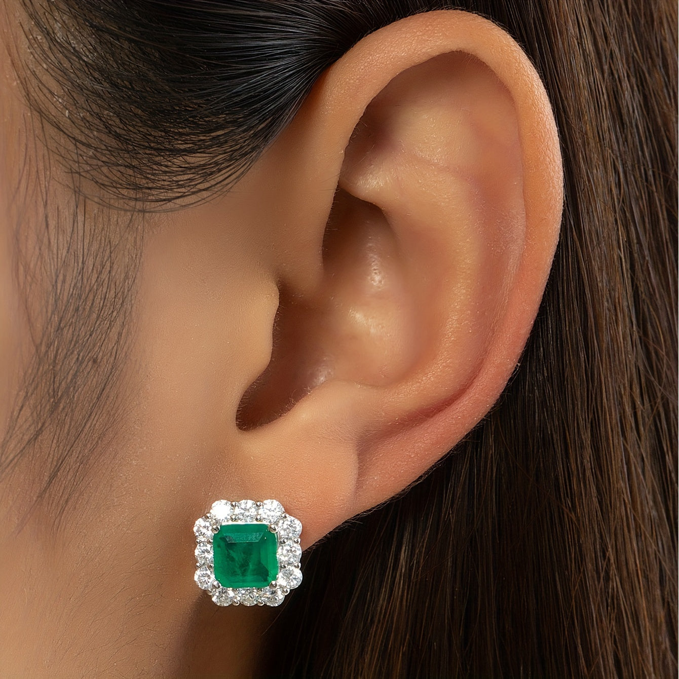 Vintage Silver Earrings with Moissanite and Emerald-Style Synthetic Gemstones