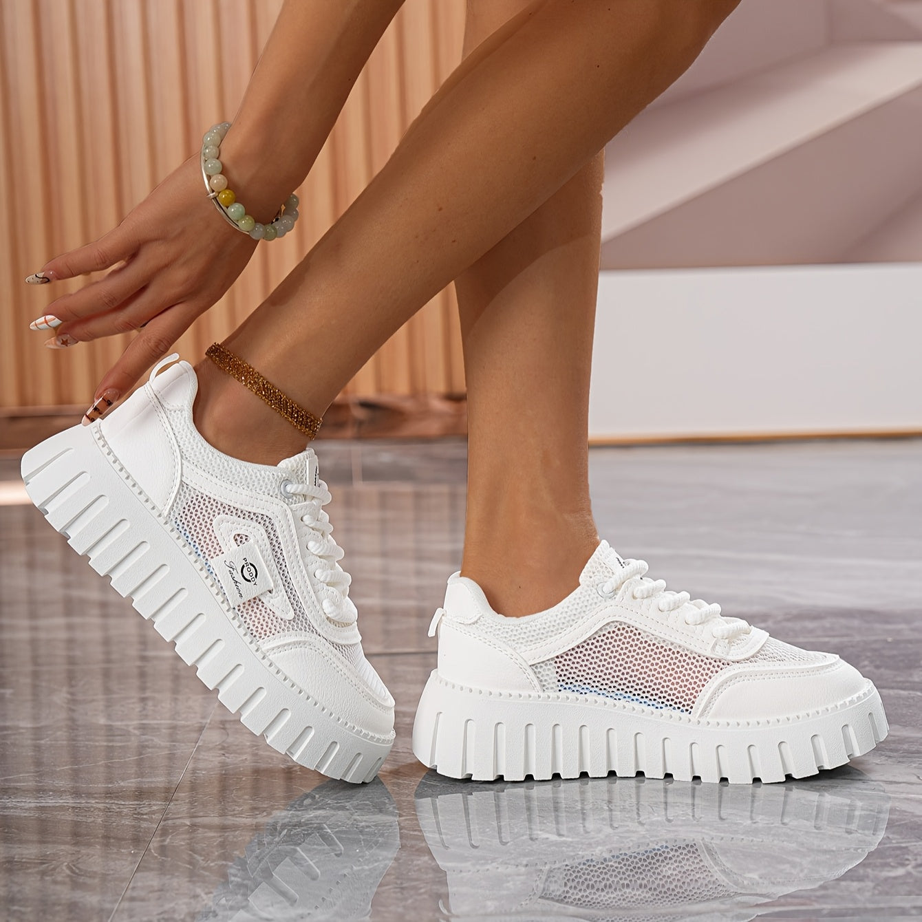 Women's Mesh Platform Sneakers White Cushioned Rubber Sole Summer Casual Shoes
