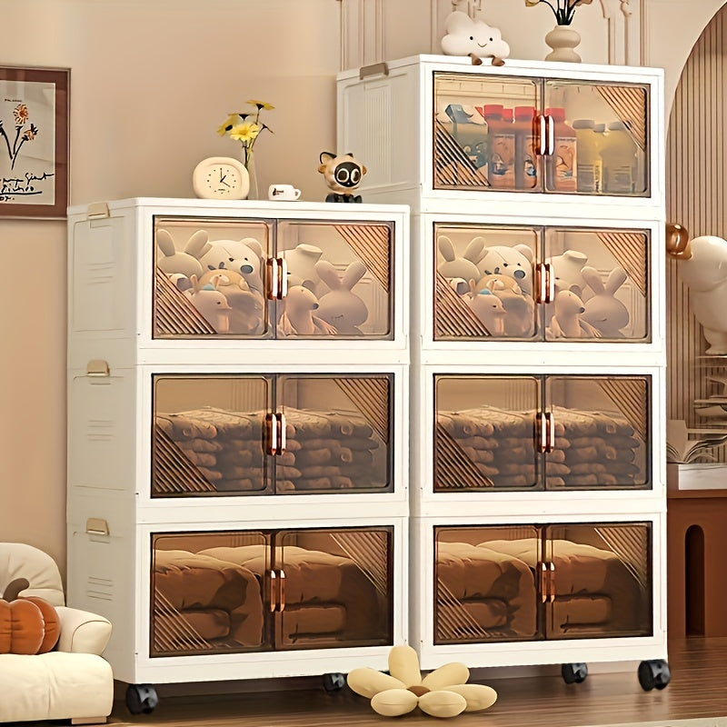 Foldable Plastic Storage Organizer with Doors and Wheels for Home Use