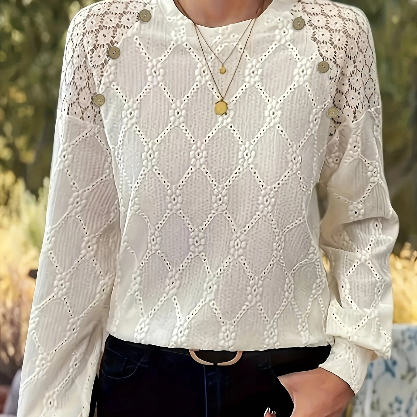 Women's Lace Stitching Eyelet Top with Lantern Sleeves Crew Neck Elegant Knit Fabric