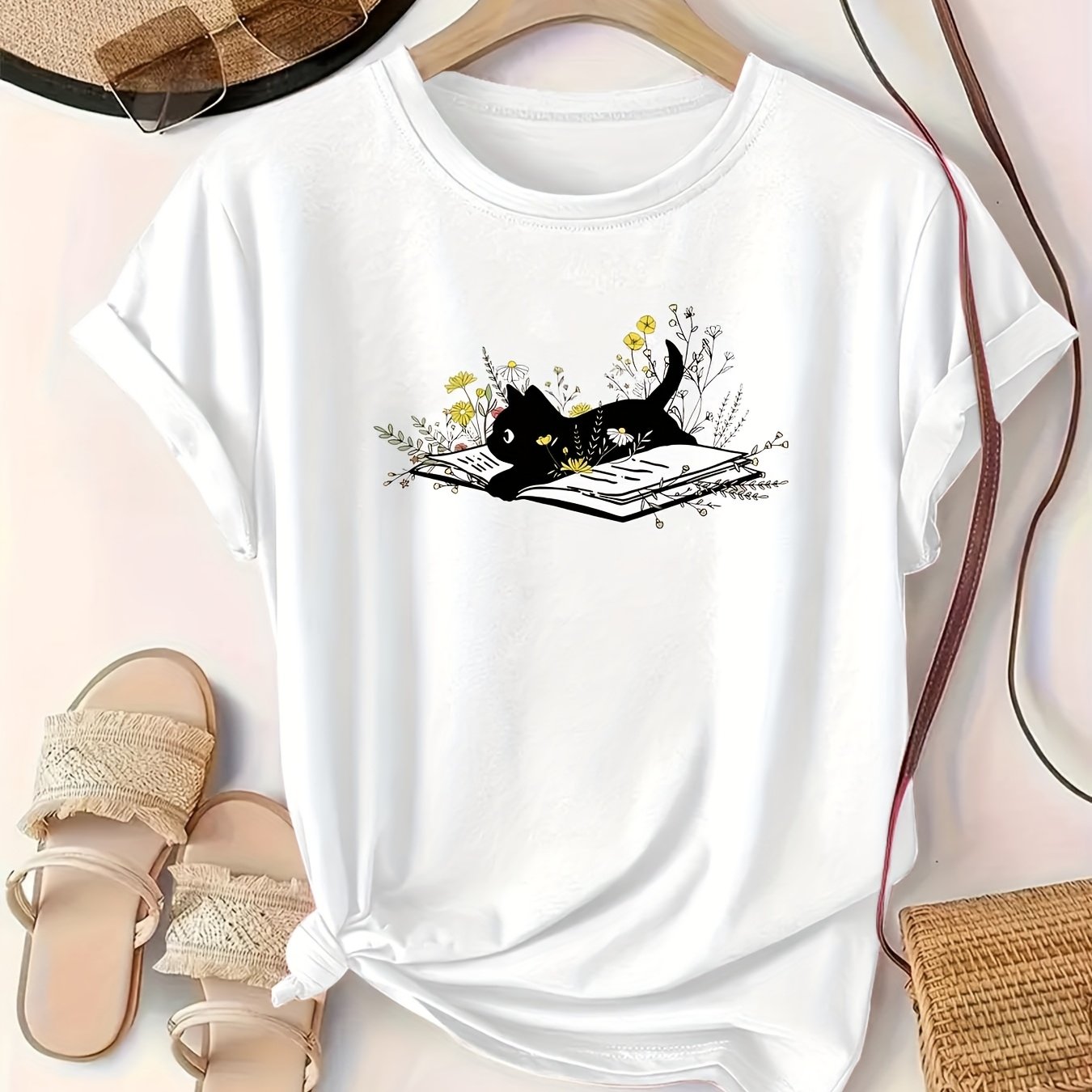 Women’s Cotton T-Shirt With Cat and Flower Print, Soft, Comfortable, Casual Top