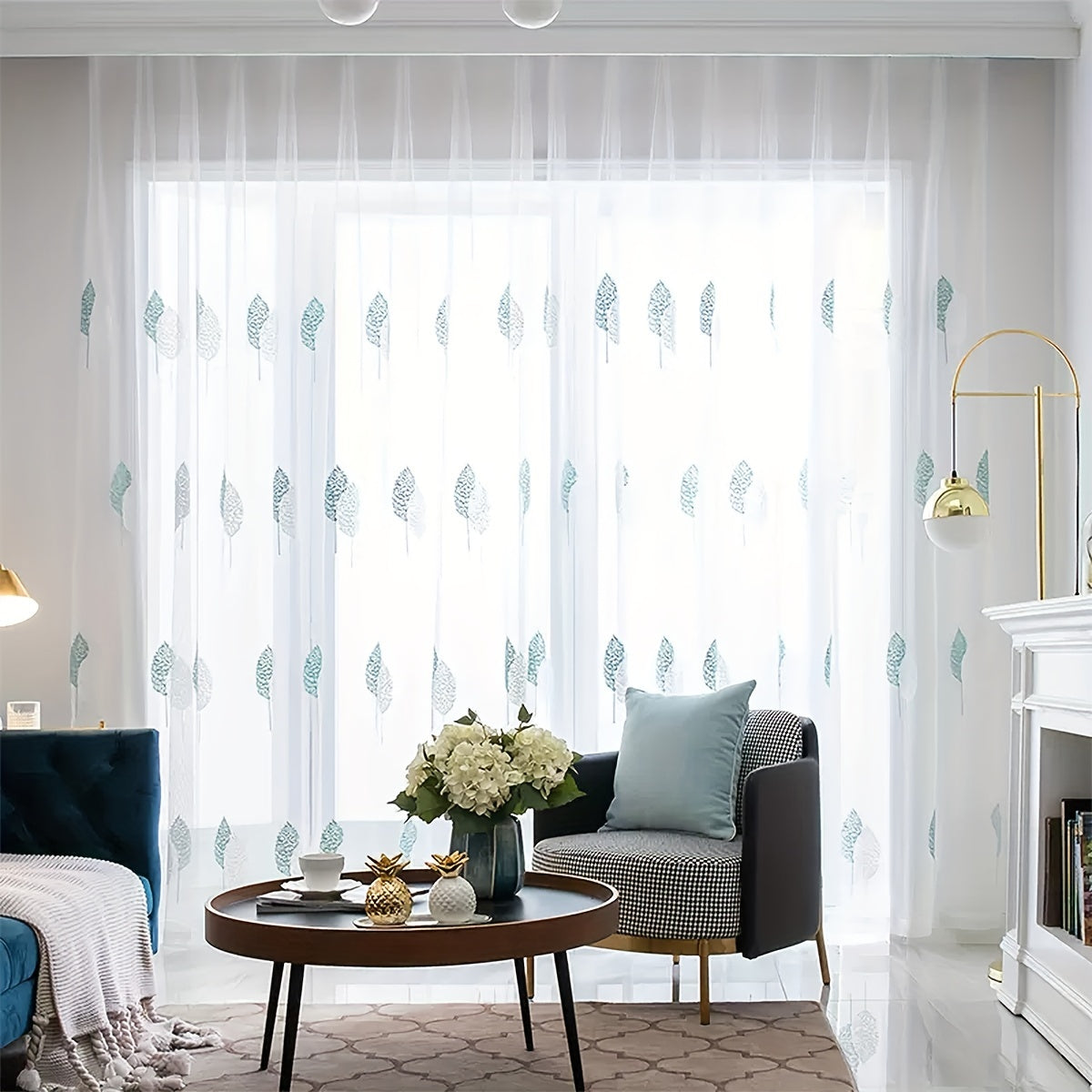 Elegant Tulle Curtain with Leaf Embroidery Translucent Rod Pocket for Living Room Bedroom