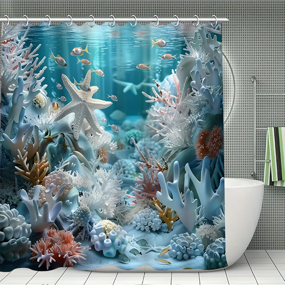 Ocean Style Shower Curtain Set with Shell and Starfish Print Waterproof Bathroom Decor with Non-Slip Mat and Hooks