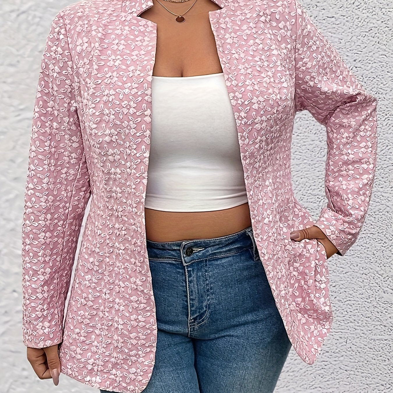Plus Size Women's Pink Jacquard Mid-Length Blazer Long Sleeve Solid Color