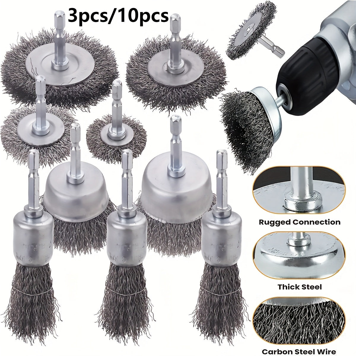 3PCS Wire Brush Wheel Cup Set Coarse Carbon Steel Rust Removal Drill Attachments