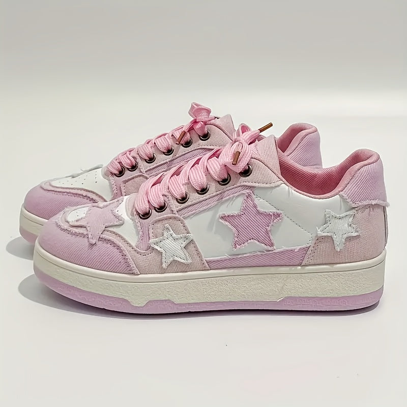 Women's Casual Sneakers Pink Star Embroidered Breathable Fabric Low Top