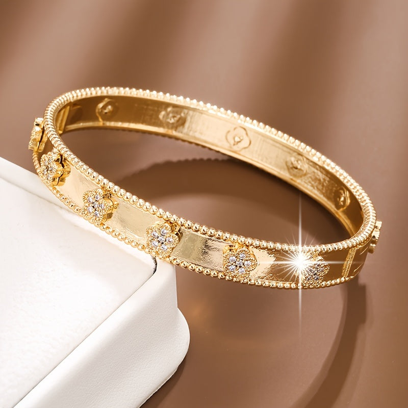 Gold Tone Floral Bangle Bracelet with Cubic Zirconia for Daily Wear and Festivals