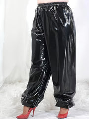 Women's Plus Size Black Faux Leather Lantern Pants Loose Fit Elastic Waist