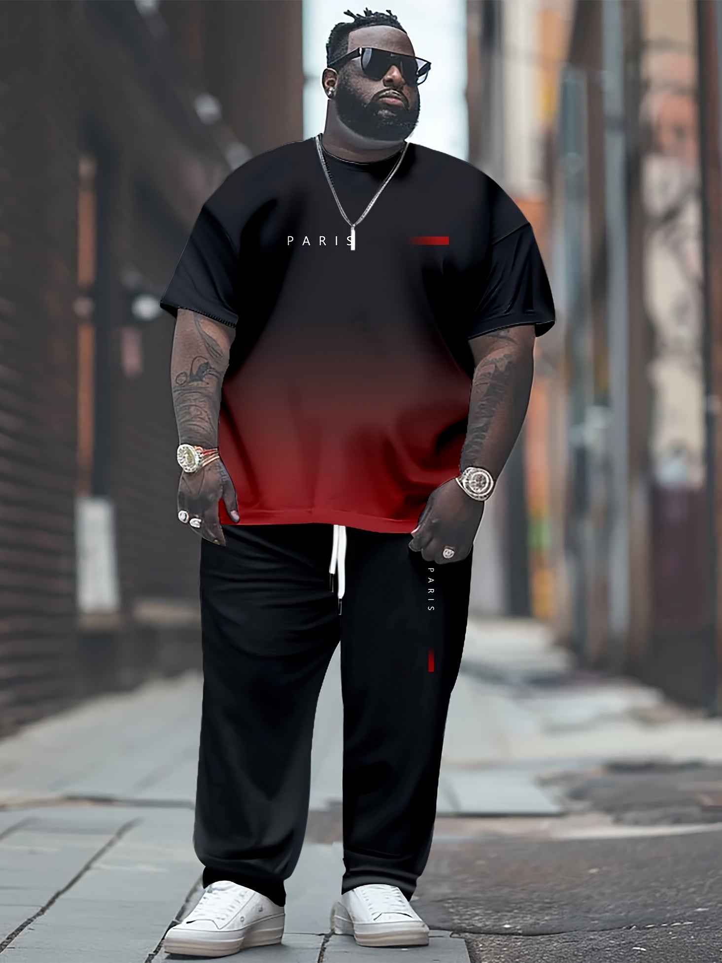 Men's Casual Sportswear Set Gradient Color T-Shirt and Long Pants Plus Size Knit Fabric