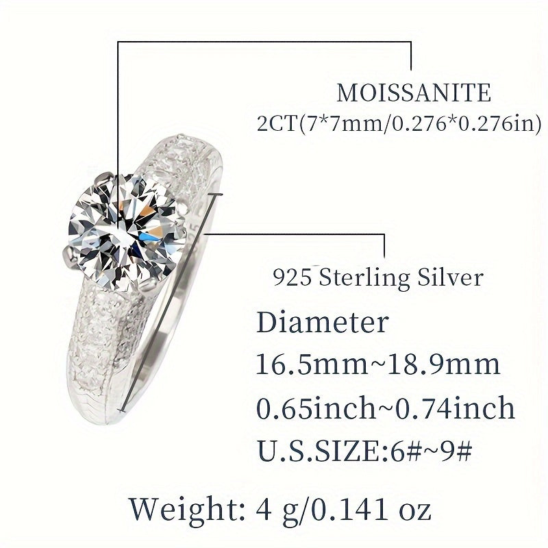 925 Sterling Silver 2 Carat Moissanite uzuk bilan chiroyli toshlar va sertifikat