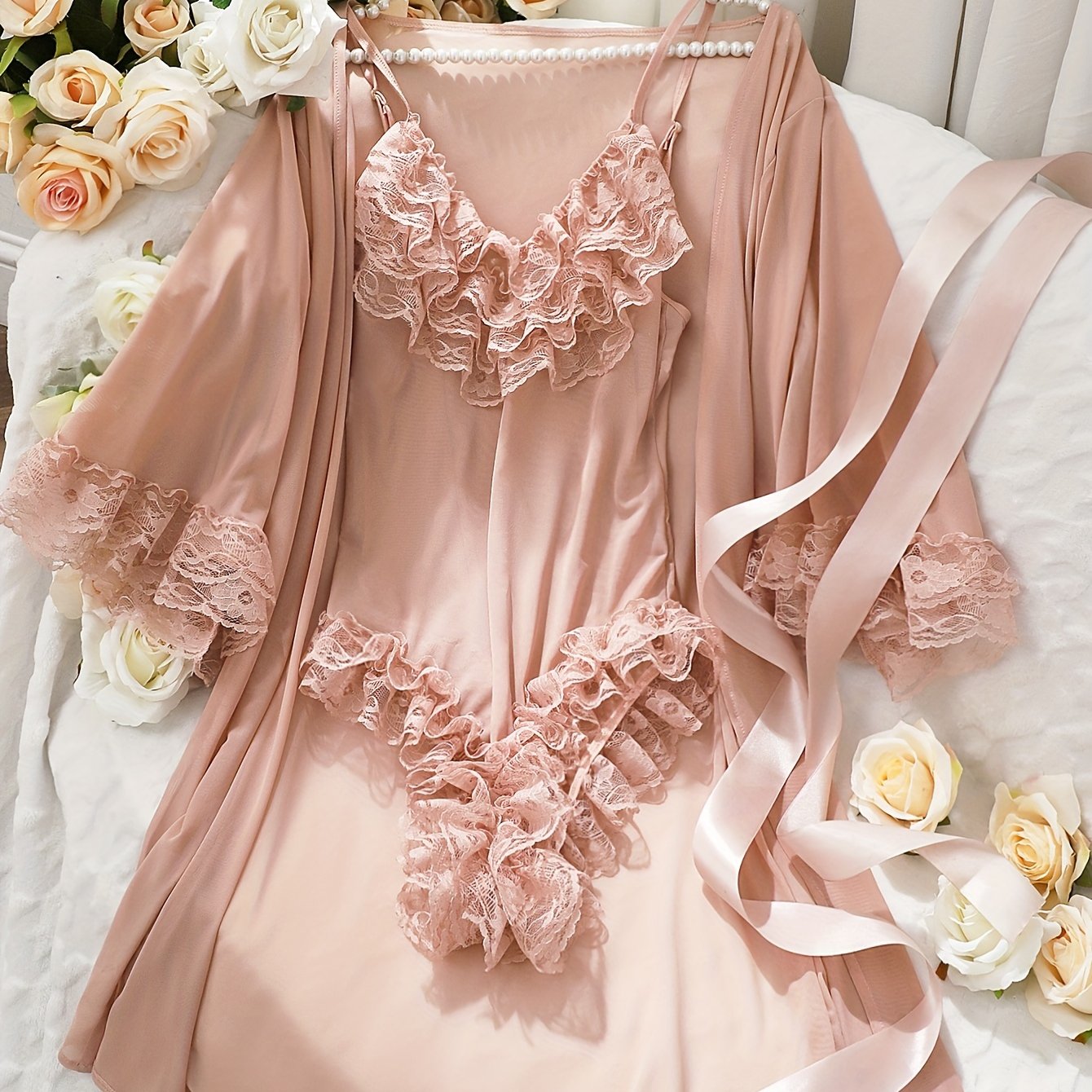 Women's Lace Lingerie Set with V-Neck Bodysuit and Robe