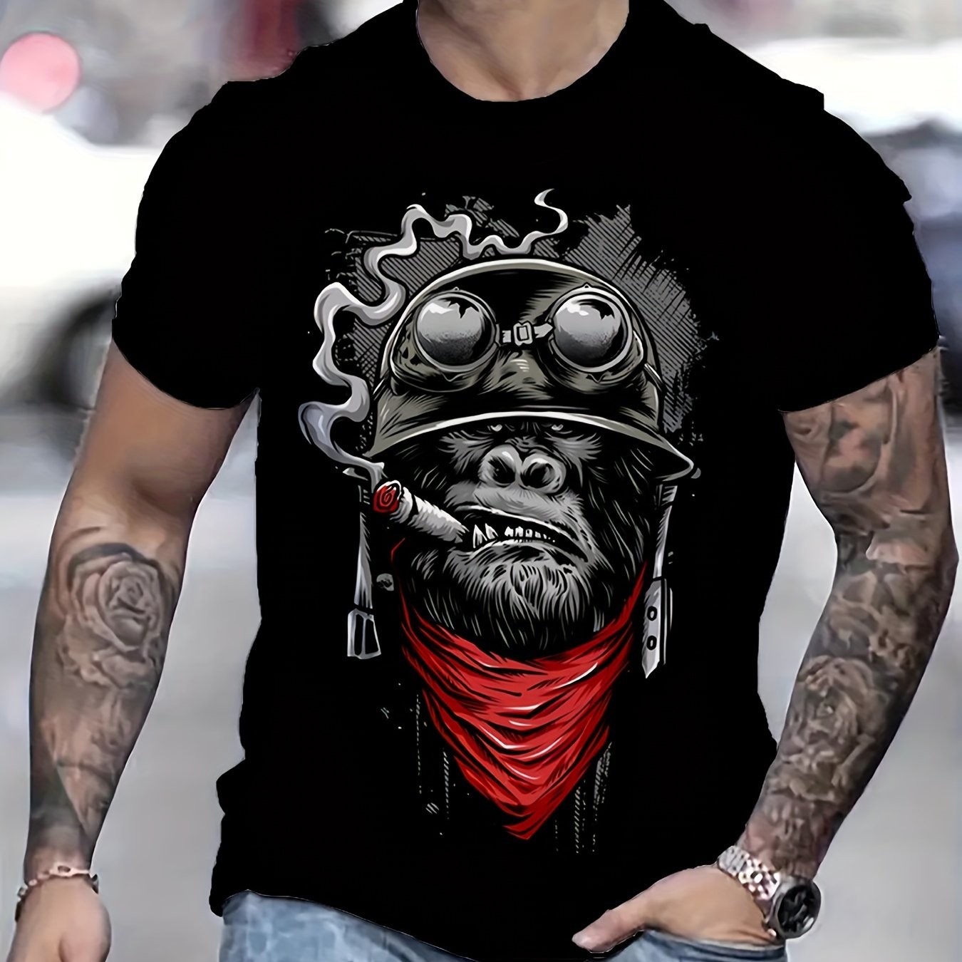 Мужская футболка с крупным аниме-обезьяным графическим принтом, короткий рукав, повседневная летняя верхняя одежда