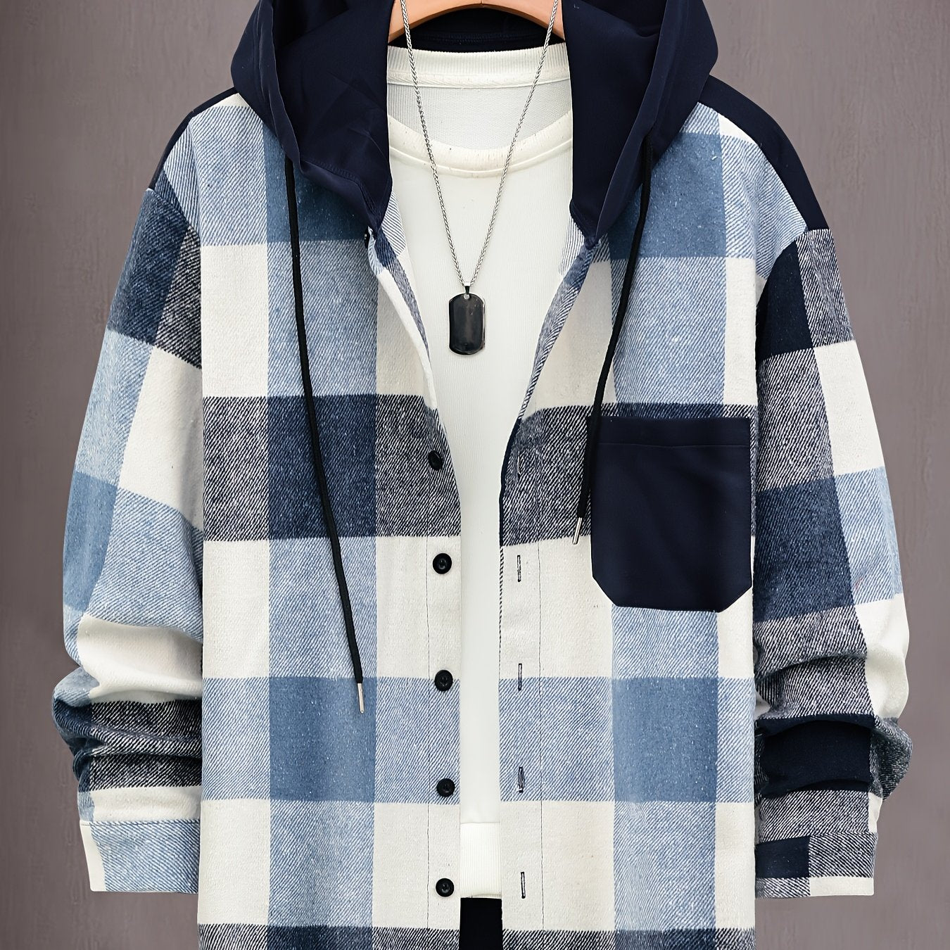 Plus Size Men's Plaid Hooded Shirt Long Sleeve Button-Up Polyester Blend Casual