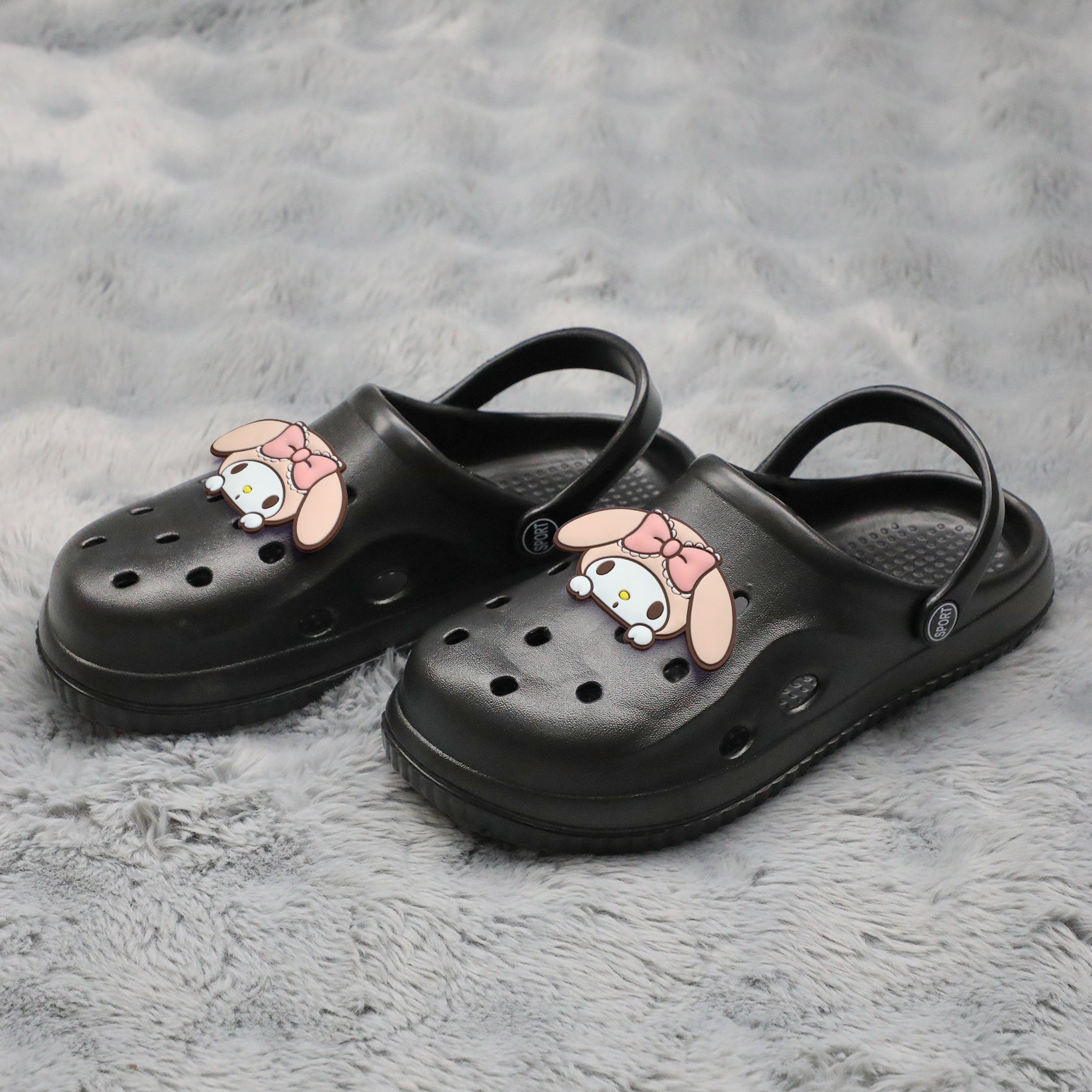 Women EVA Clogs Flat Slides with Cartoon Design, Black White Summer Footwear