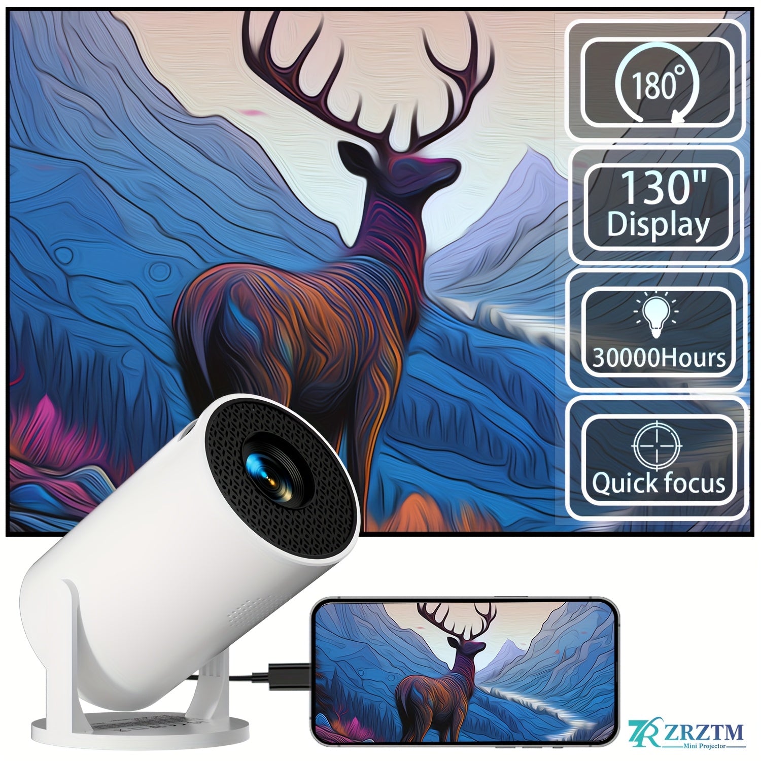 Mini Portable HD Projector 1080P with 180° Rotation for Home Theater