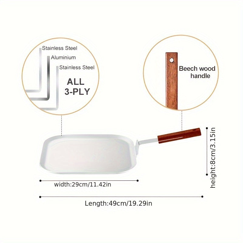 Квадратная сковорода с тройным слоем нержавеющей стали - 29*29 см, с деревянной ручкой, плоским дизайном для жарки стейков и яиц, идеальна для домашнего и уличного использования, высококачественная посуда с равномерным нагревом и долговечностью.