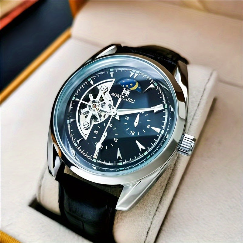 Men's Mechanical Watch with Moon Phase Pointer Semi-Hollow Ball Design Leather Strap
