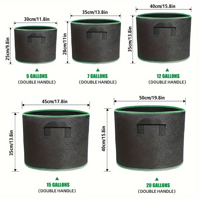 Turli o'lchamlarda mavjud bo'lgan mustahkam o'simlik yetishtirish sumkalari, turli xil gullar, sabzavotlar va boshqalar uchun ekish uchun bezakli chetlar bilan.