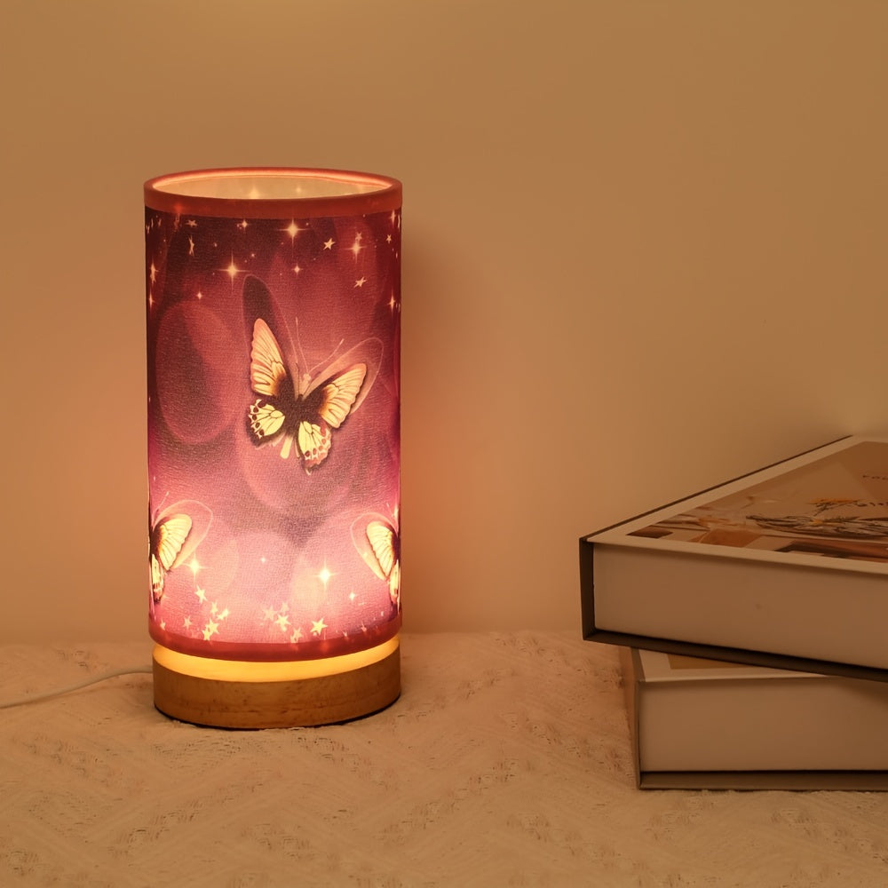 Purple Butterfly Table Lamp with Wood Base for Bedroom or Room Decor