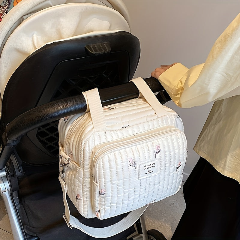 Bolso de pañal de nylon con bordado de oso y tulipán, clip para cochecito y bandolera para viajes