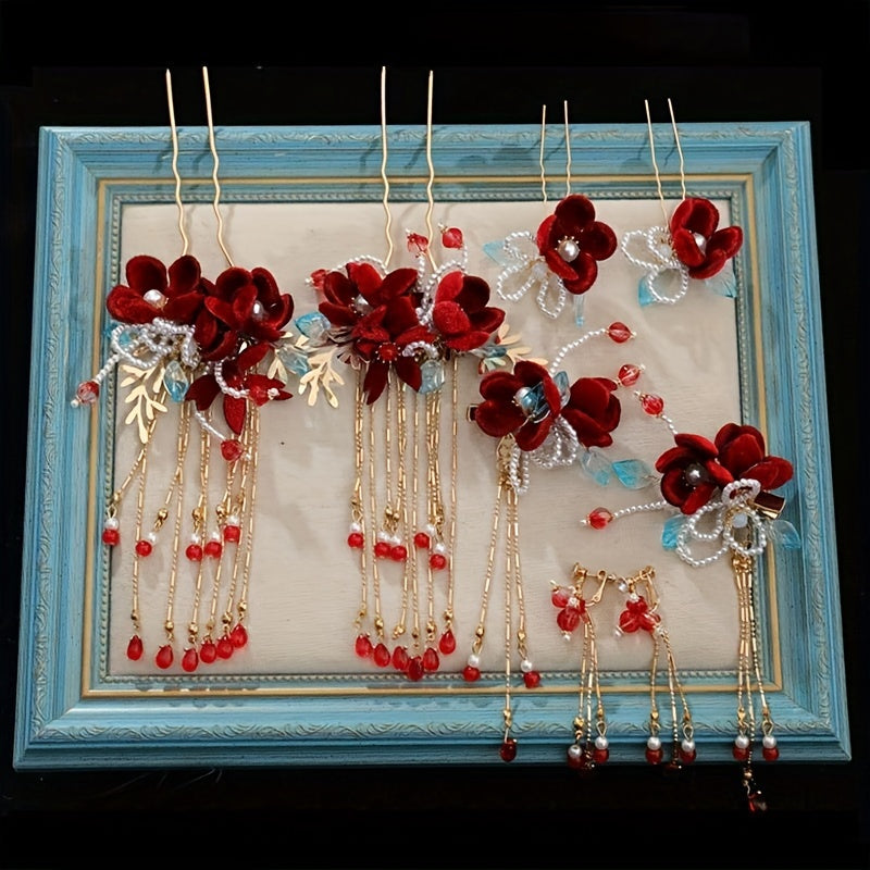 Ayollar uchun Qizil Velur Beadli Gul Sochlari va Tassel