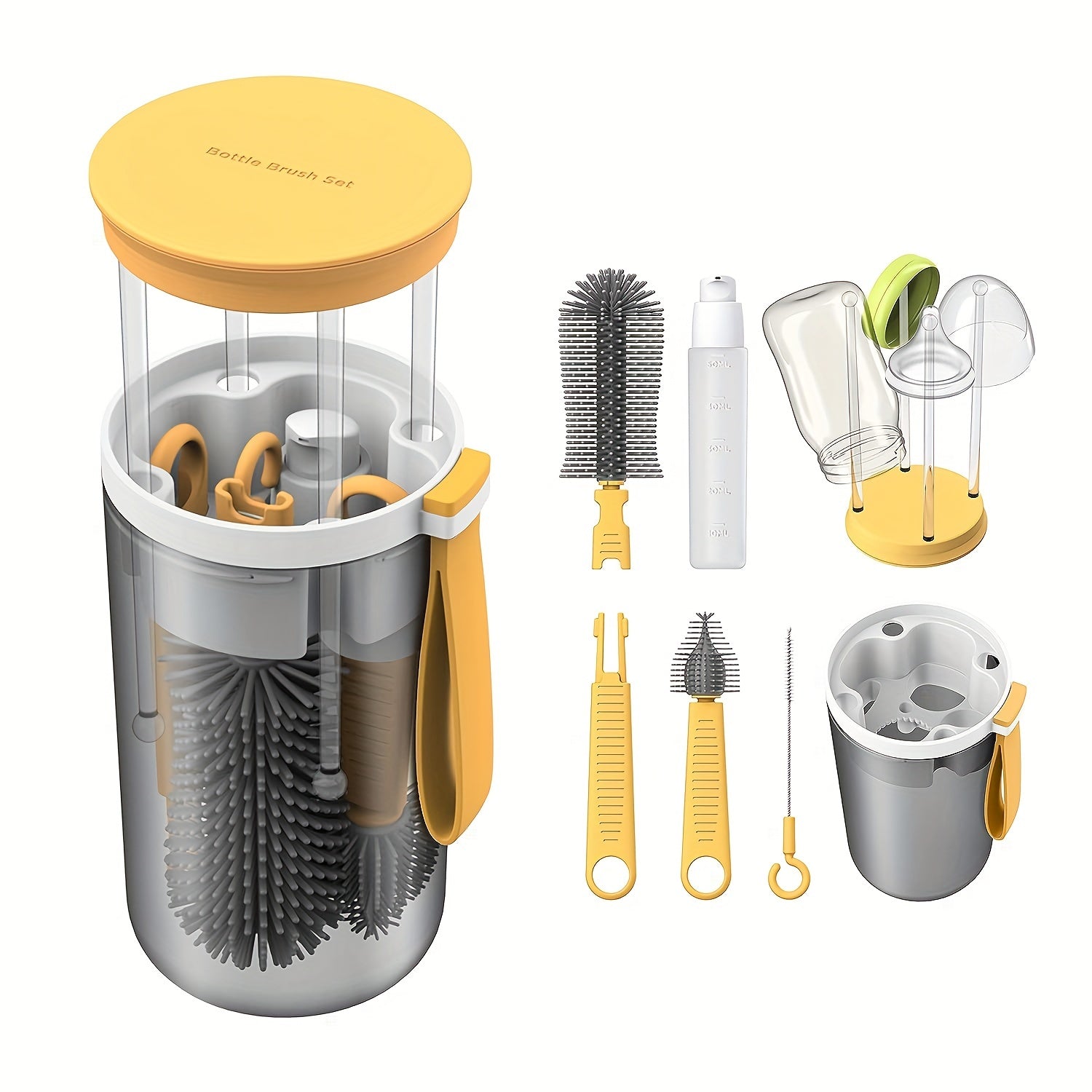 Juego de limpieza para botellas de viaje con cepillo de silicona extensible, limpiador de pajillas y dispensador