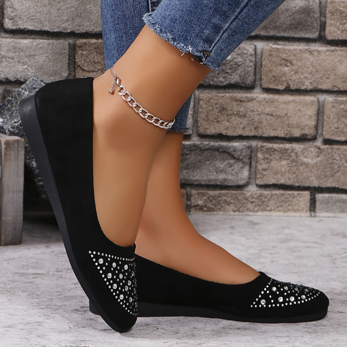 Women's Rhinestone Decor Flats Slip-On Soft Sole Ballets for Daily Wear