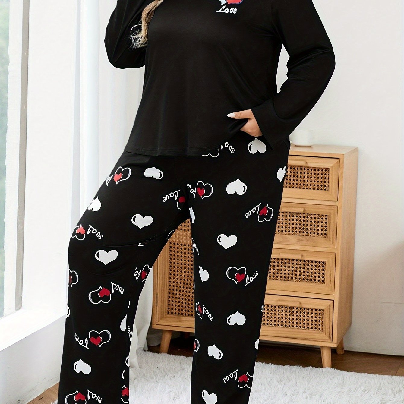 Women's Pajama Set Long Sleeve Heart Print Knit Polyester All-Season Sleepwear