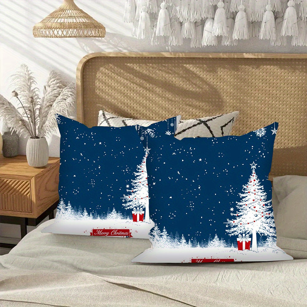 Blue Merry Christmas Throw Pillow Covers Set 45.72cm Square Polyester Cushion Cases for Living Room Bedroom Car