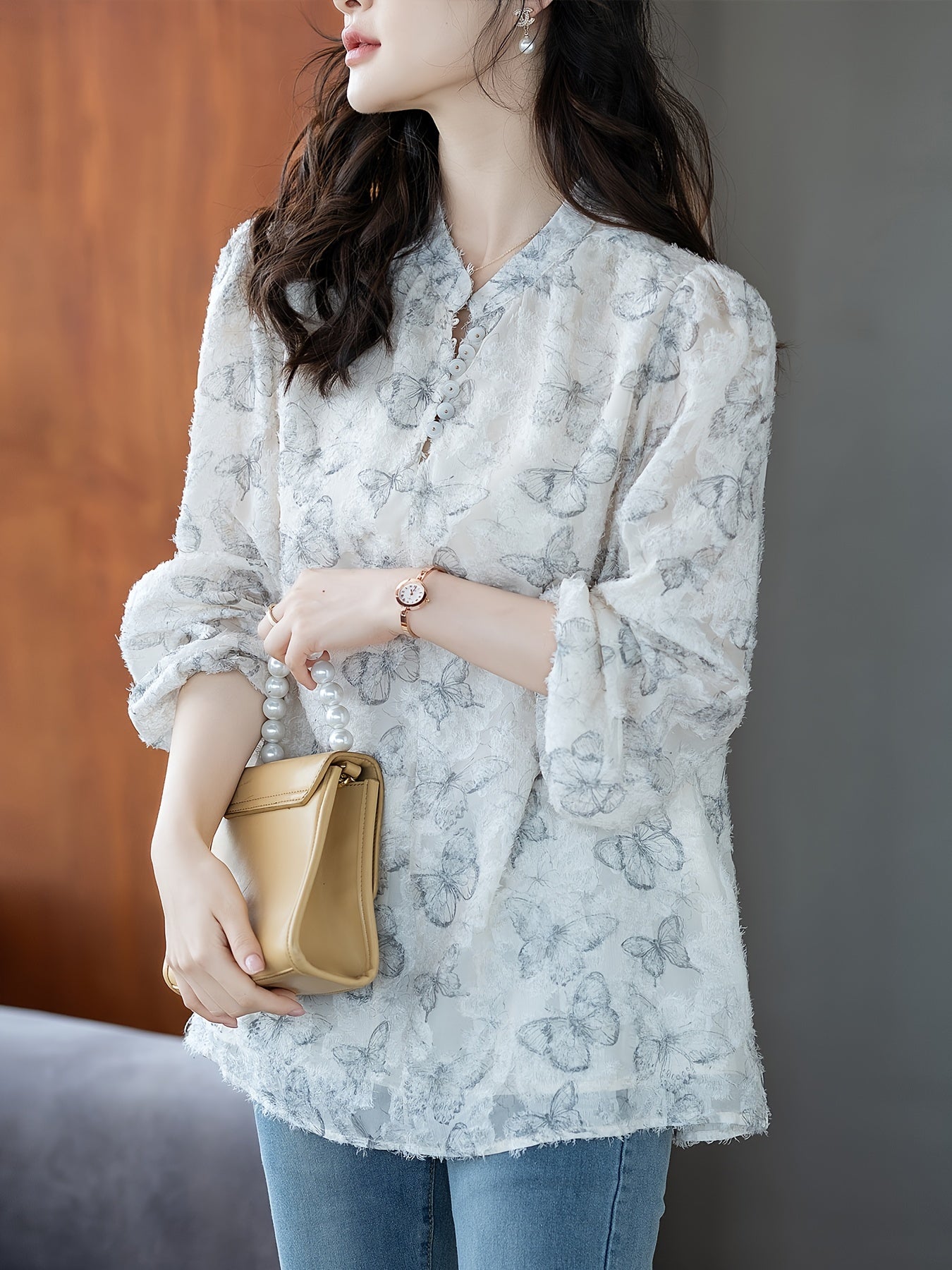 Women's V-Neck Long Sleeve Shirt Woven Polyester Color Block Butterfly Print