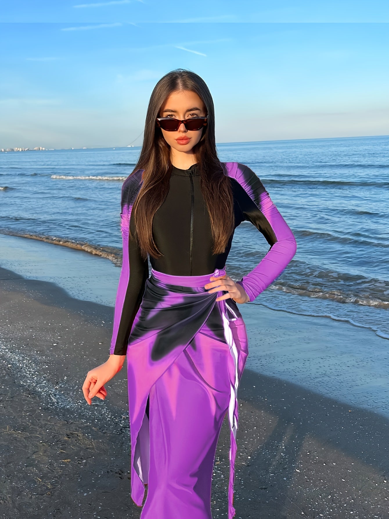 Girls Tie-Dye Print Swimsuit Set with Long-Sleeve Top and Skirt Cover-Up