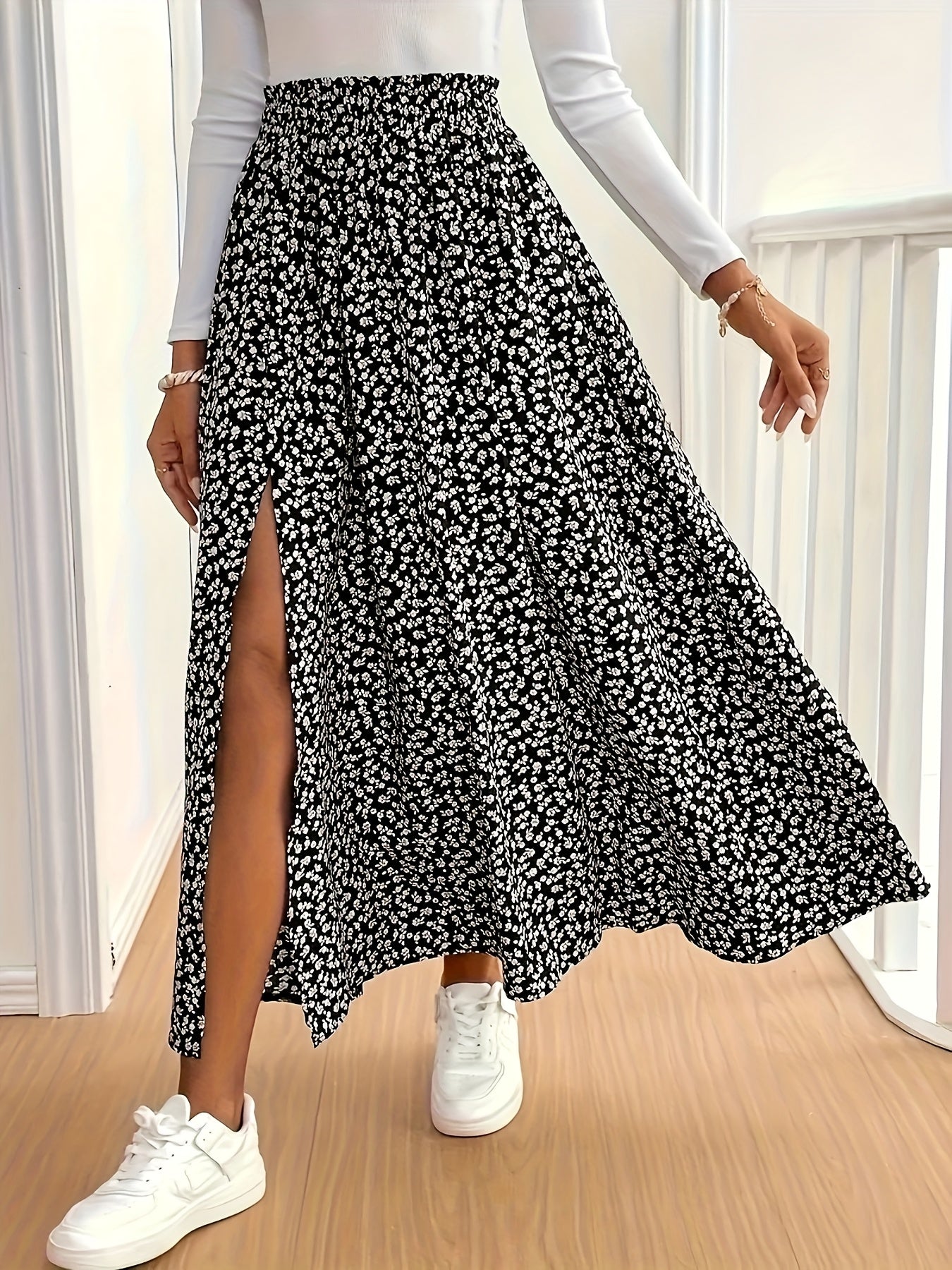 Women's Floral Print Midi Skirt with Side Slit Black White Flowing Fabric