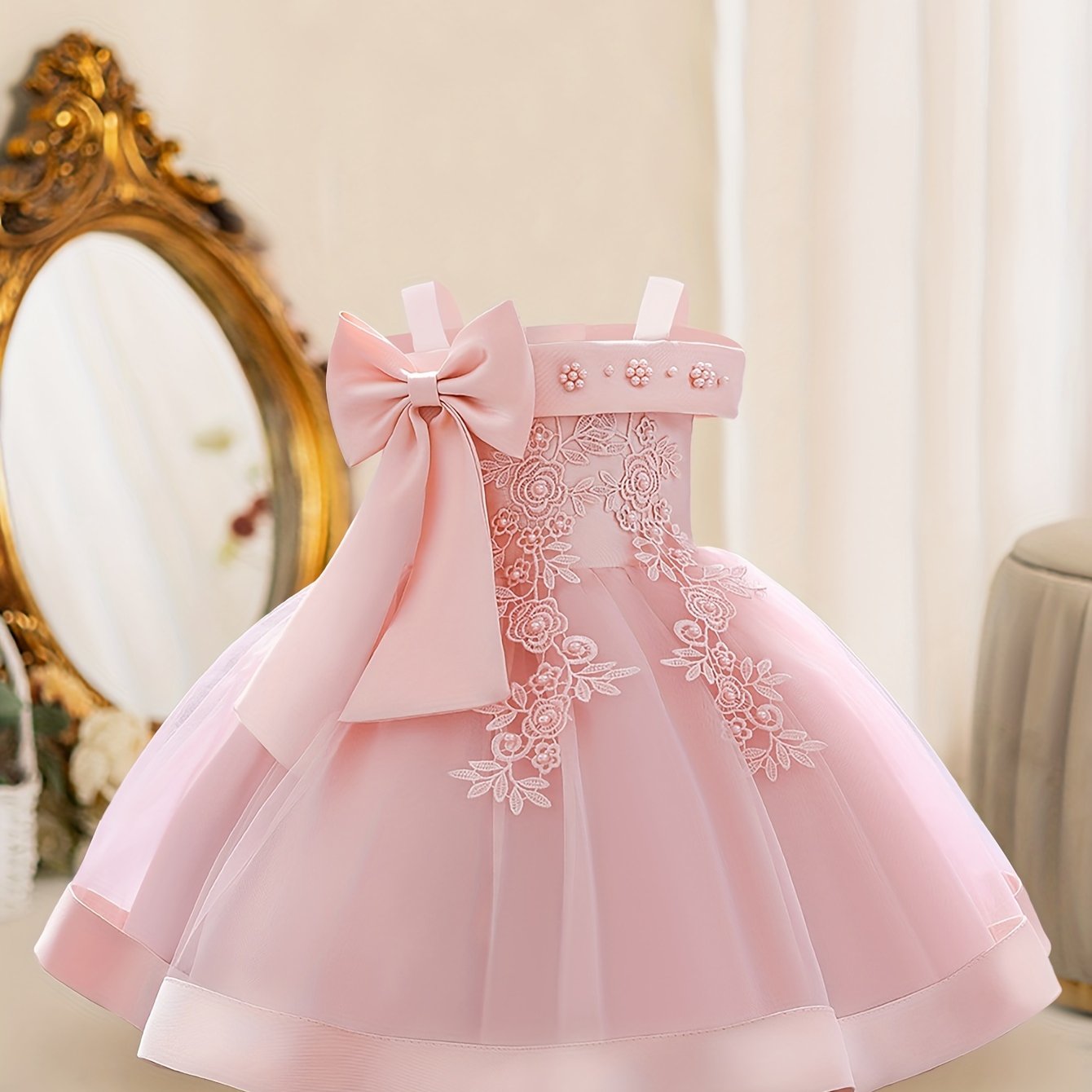 Girls Sleeveless Flower Embroidered Midi Dress with Bowknot for Formal Parties