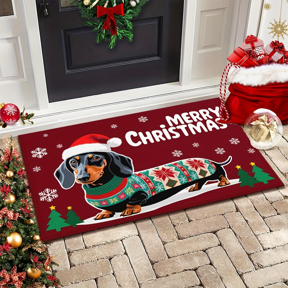 Christmas Dachshund Doormat Non-Slip Polyester Rug with Rubber Backing
