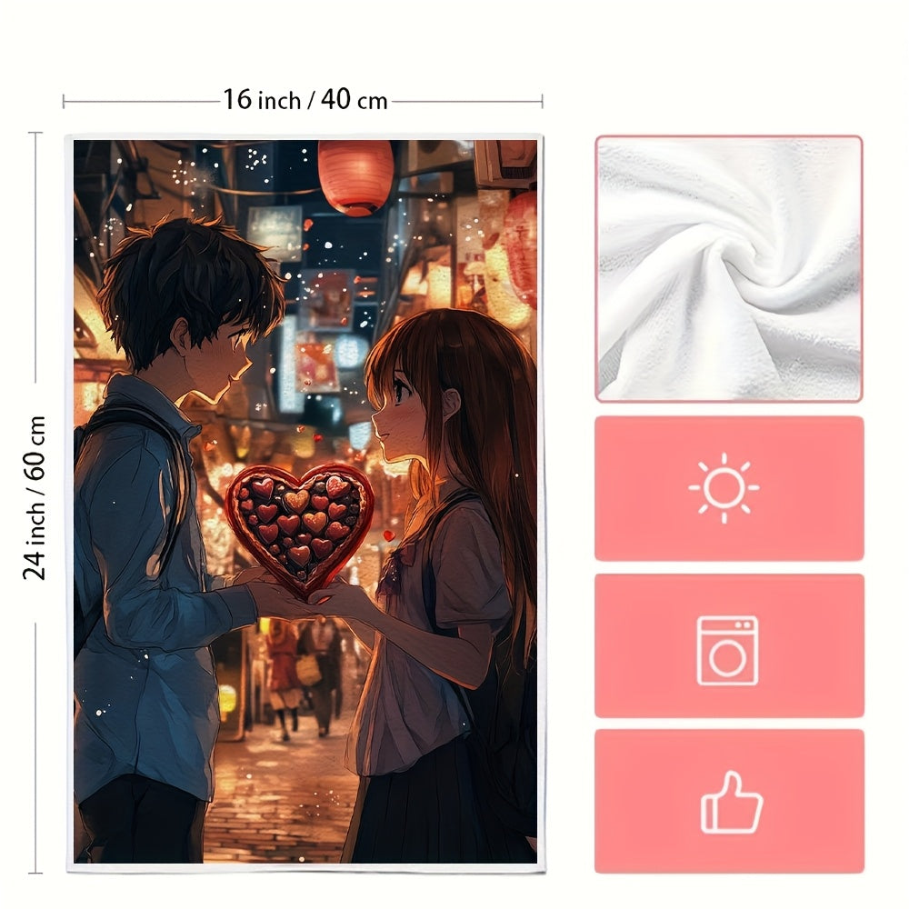 Set of 2 Ultra-Soft Kitchen Towels with Anime Boy and Heart Design