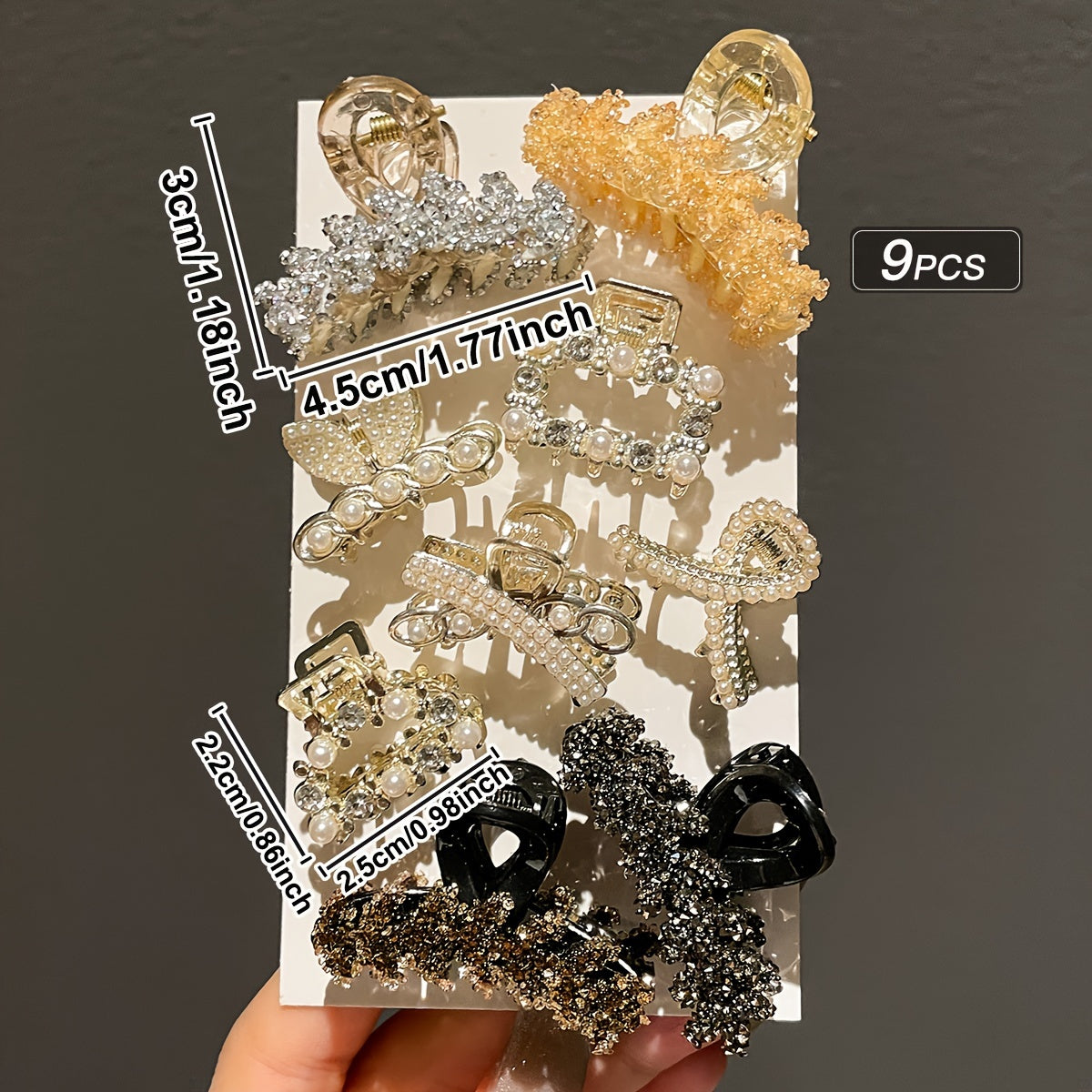 9pcs Women's Elegant Solid Color Alloy Hair Clips Small Rhinestone Accessories