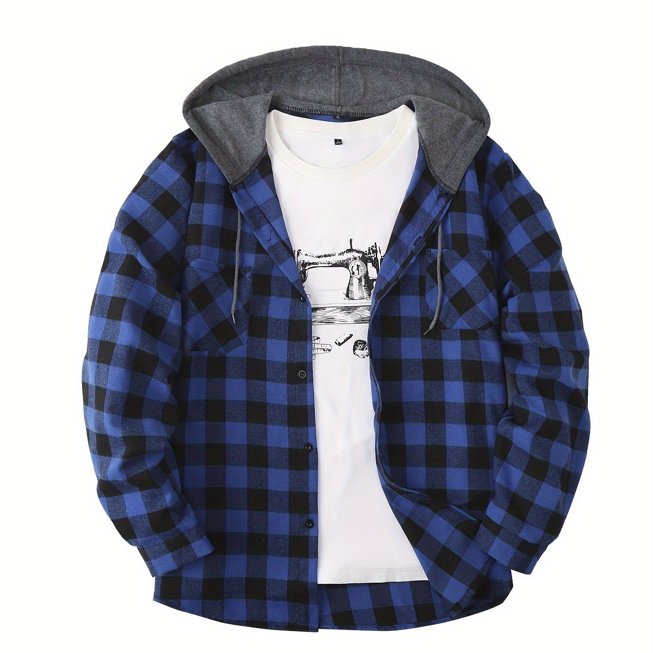 Men's Plaid Polyester Hooded Button-Up Jacket for Casual Sports Style