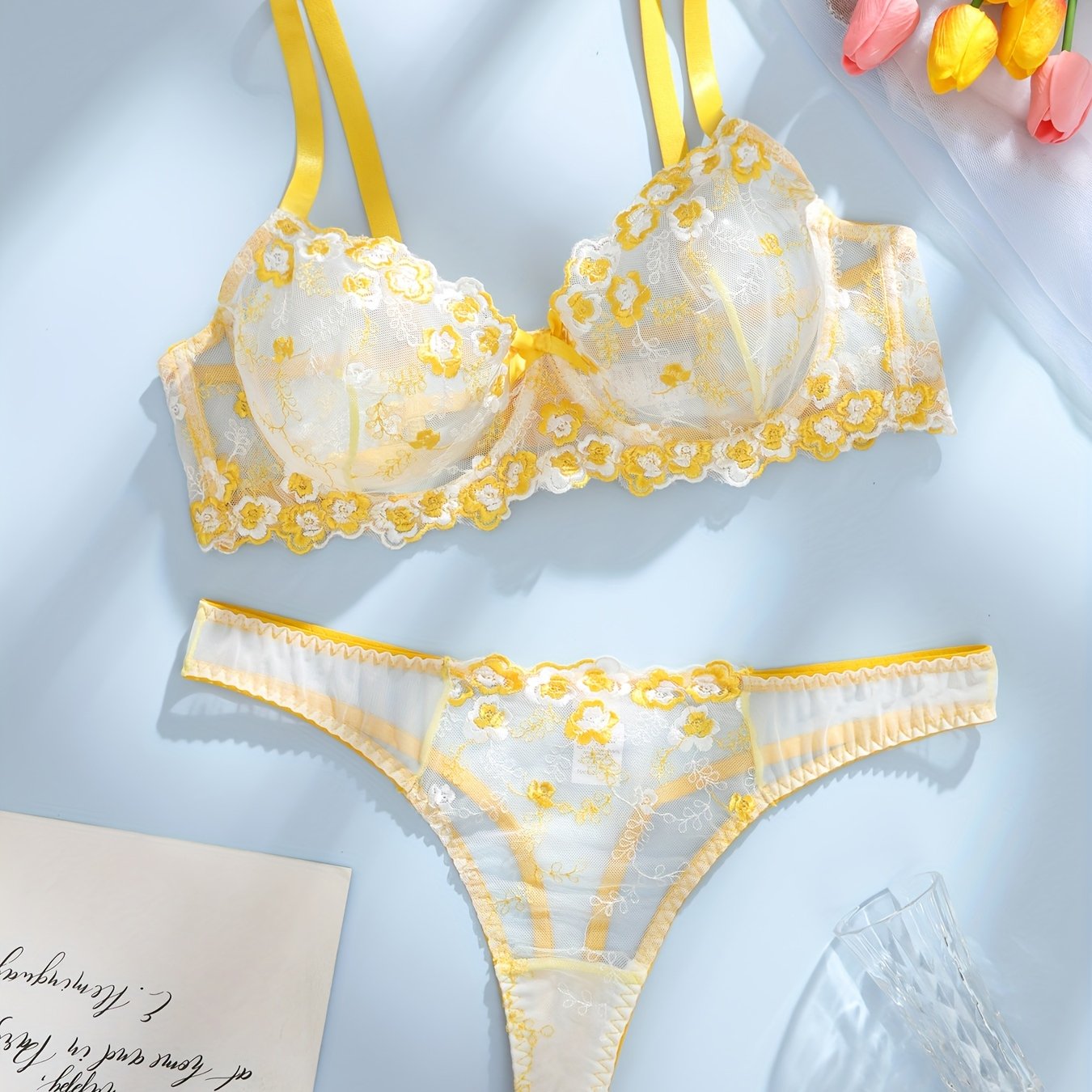 Women Plus Size Lace Lingerie Set Breathable Embroidered Two Piece