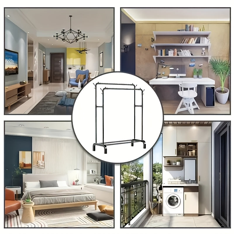 Katta zanglamas po'latdan yasalgan kiyim tokchasi, ikki tayoq va oson yig'ish uchun asos bilan. Yotoqxona, balkon yoki hammomda kiyimlarni tartibga solish uchun ideal.