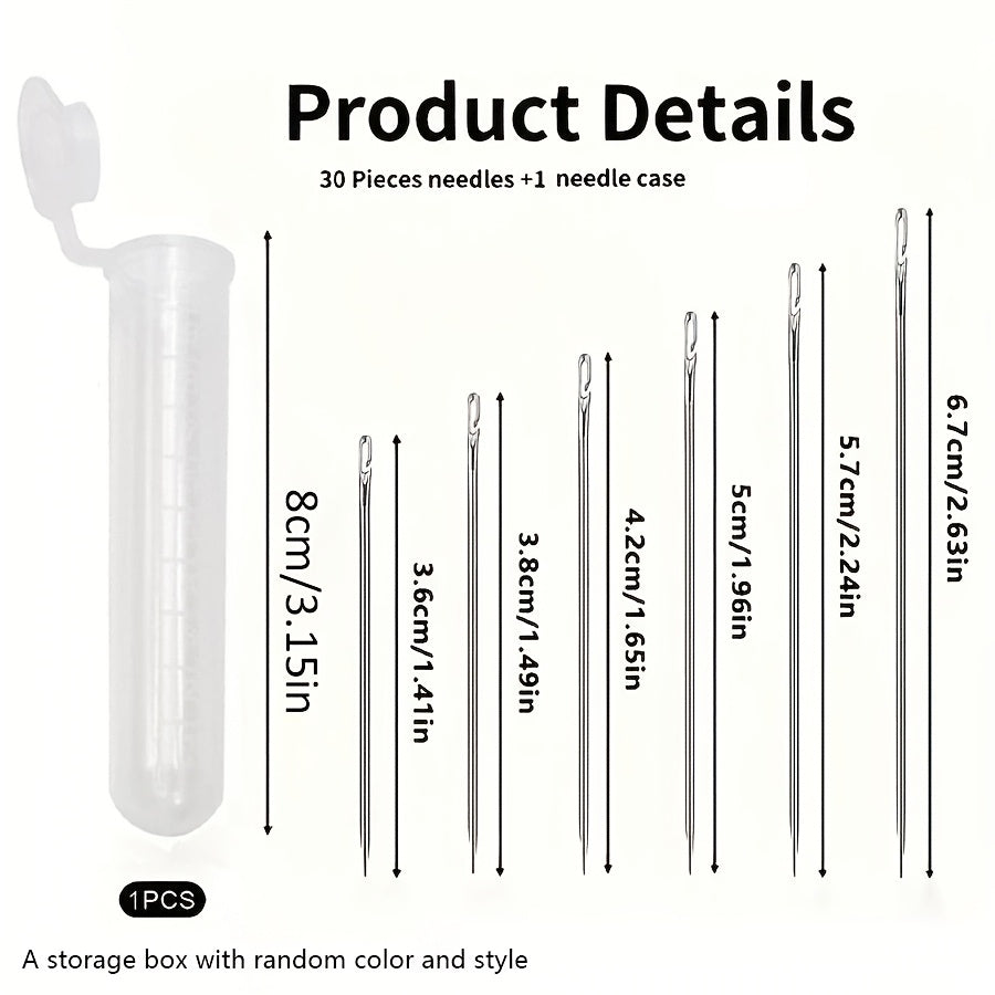 Набор из 31 безниточной швейной иглы с коробкой для игл. Легкие в заправке иглы, подходящие для пэчворка и вышивки, идеальны для пожилых и слепых людей. Включает 30 швейных игл и