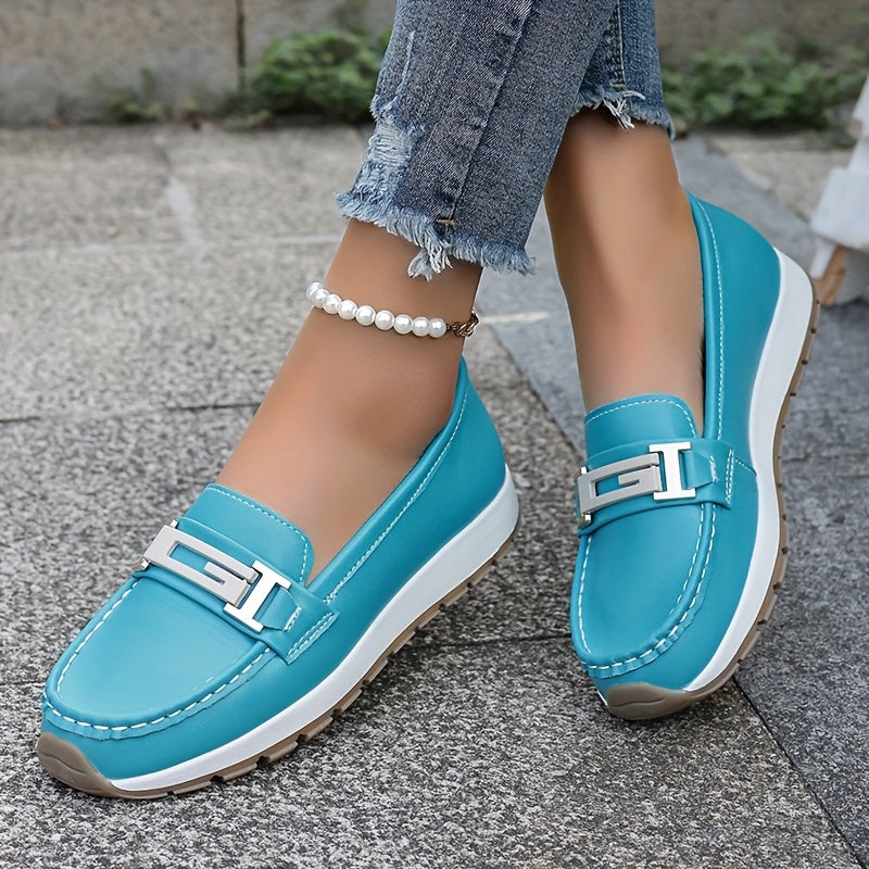 Women's Slip-On Flat Shoes Faux Cover Metallic Buckle Lightweight TPR Sole