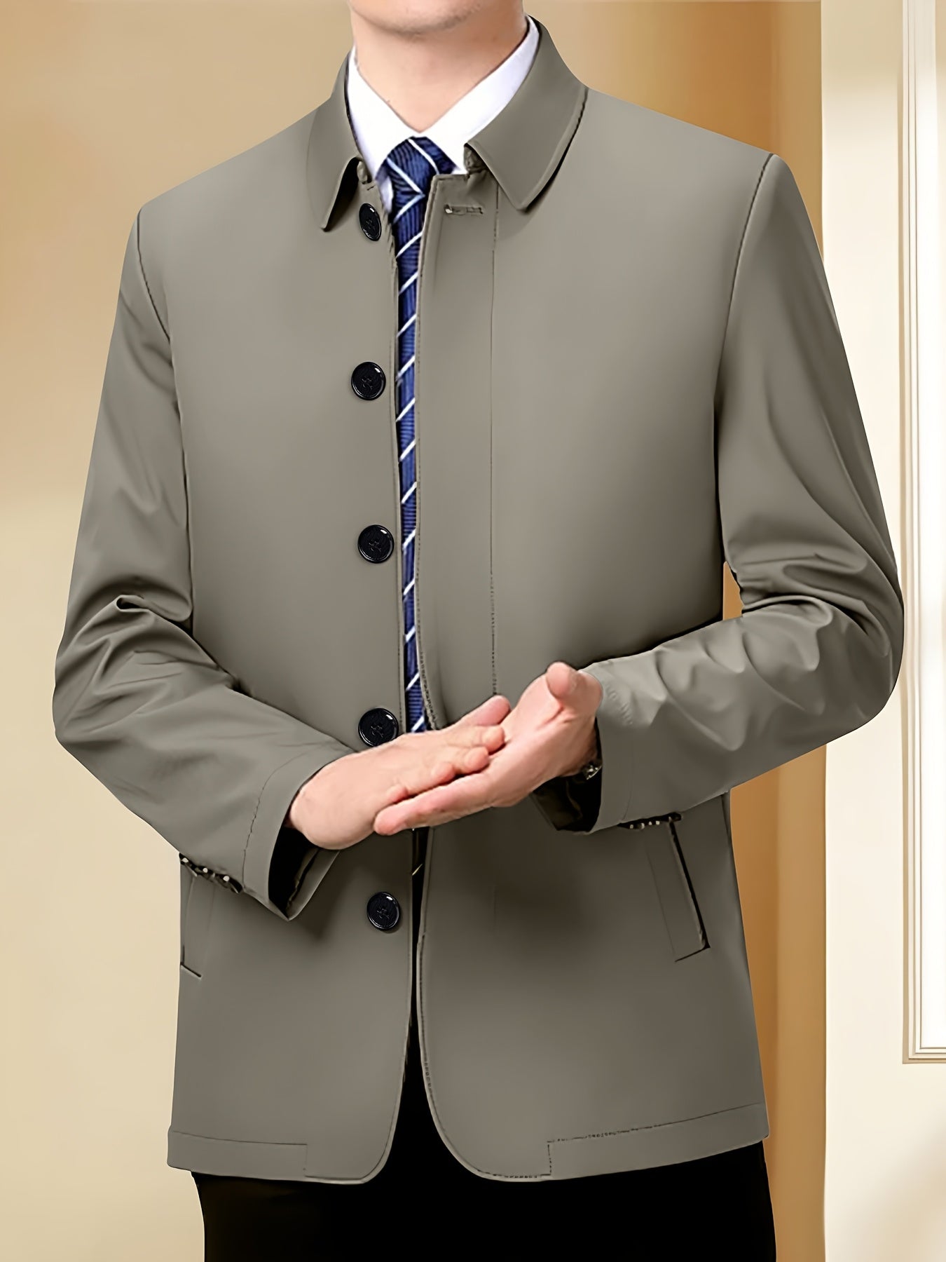 Мужская повседневная куртка из полиэстера однотонного цвета для осени и зимы, с отложным воротником, длинными рукавами, классического кроя