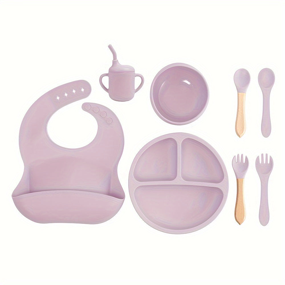 8-Piece Silicone Toddler Feeding Set Non-Toxic BPA-Free Suction Plates Bibs Straw Cups Utensils