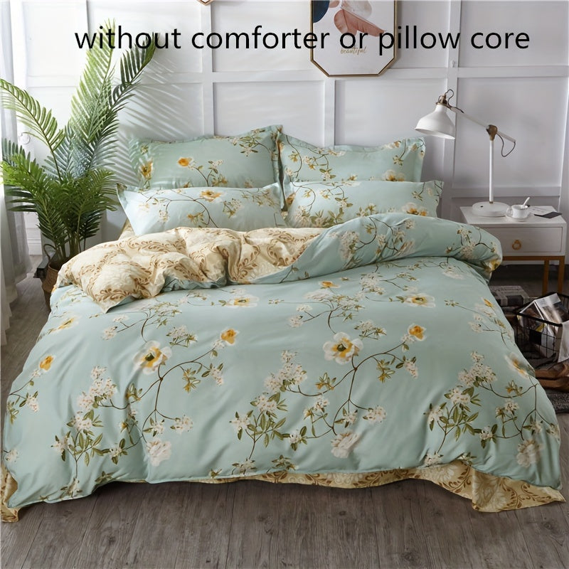 Floral Duvet Cover Set 4 Pieces Polyester Bed Bedding with Pillowcases and Flat Sheet