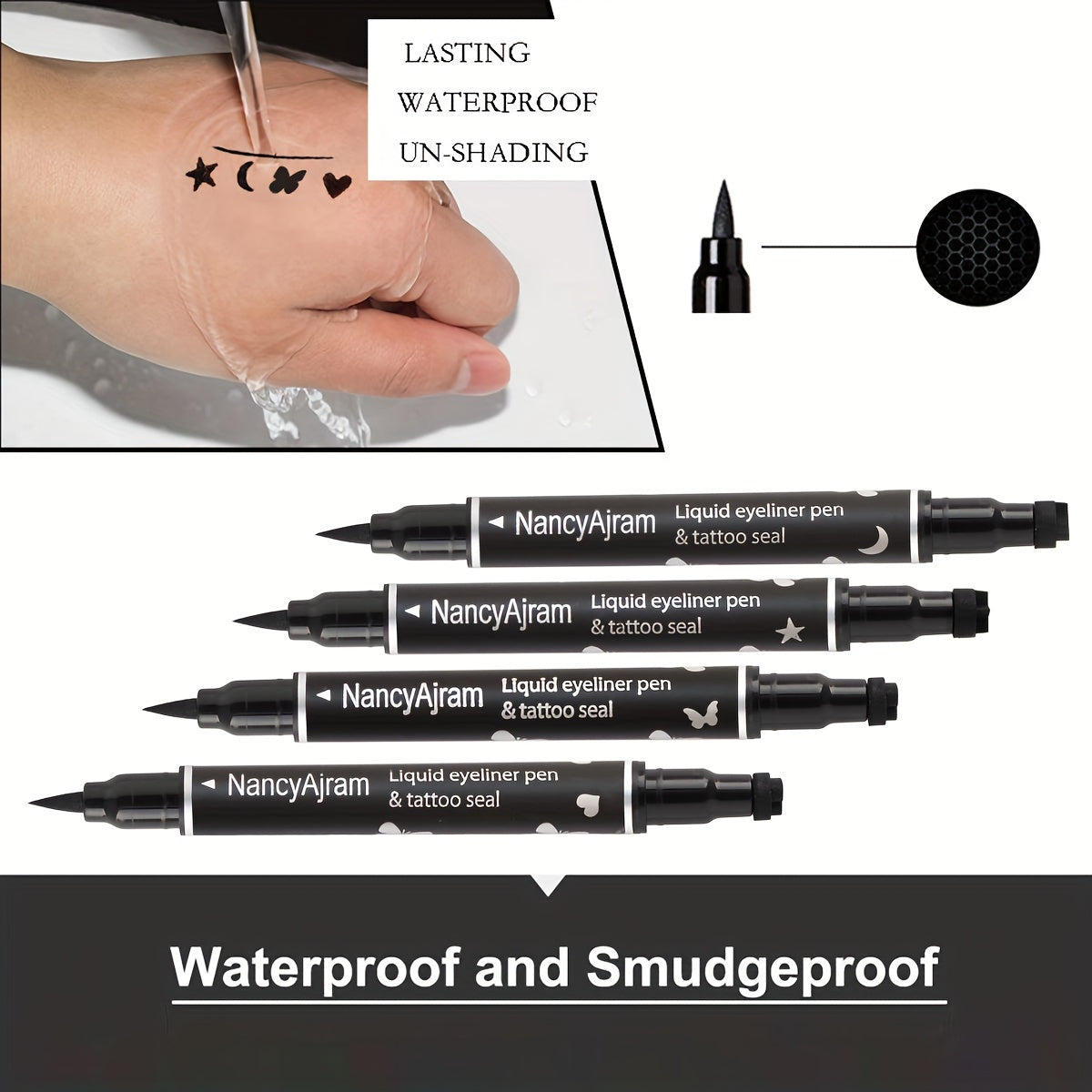 Women Liquid Eyeliner Pen Set Waterproof Long-Lasting Black with Stamp Shapes