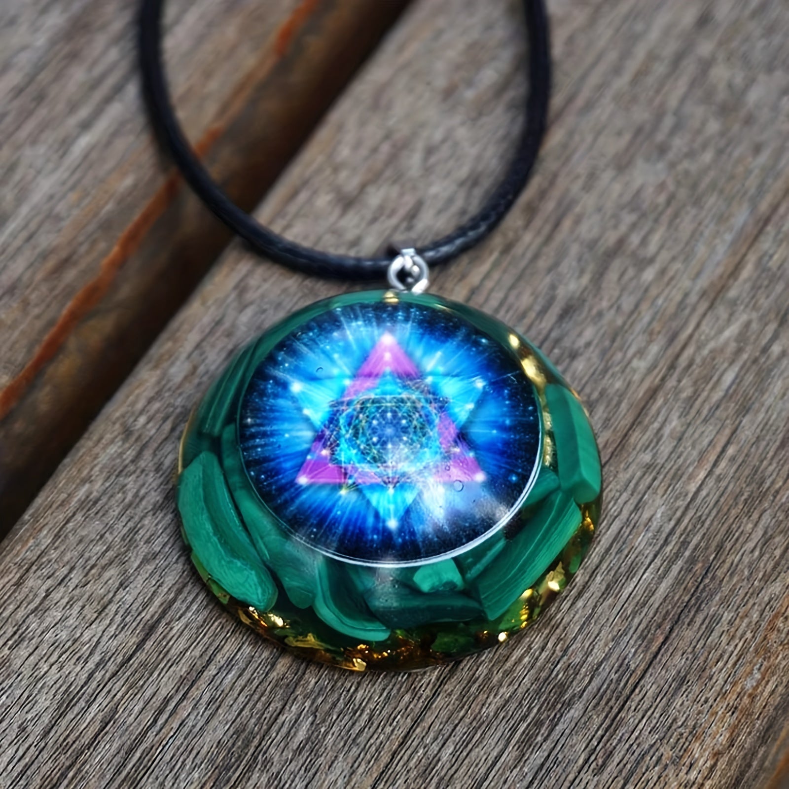 Orgonite Pendant Necklace with Malachite Chakra Energy and Sri Yantra Sacred Geometry for Healing Jewelry