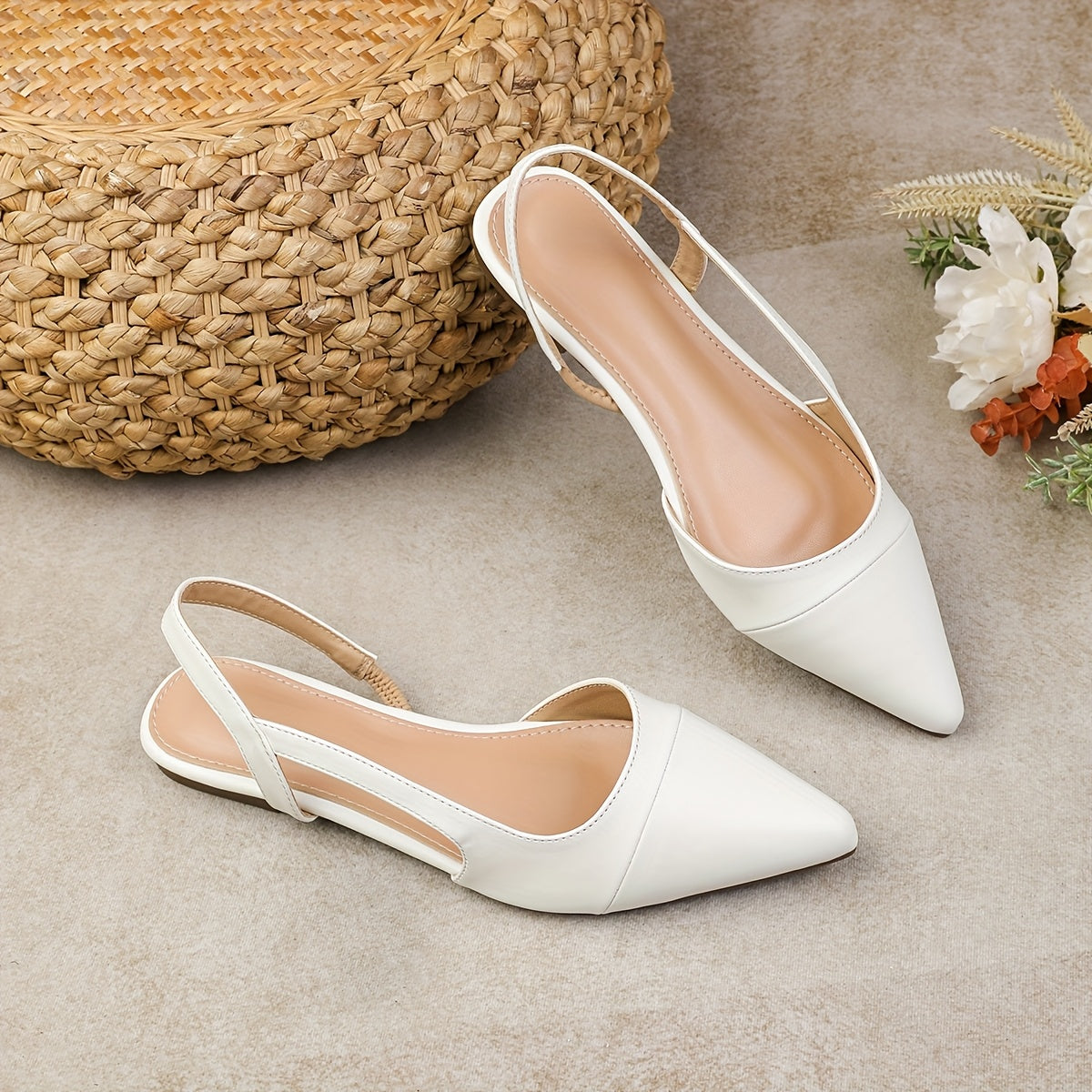 Women's Pointed Toe Flat Sandals White Open Toe Slip-On Casual Formal