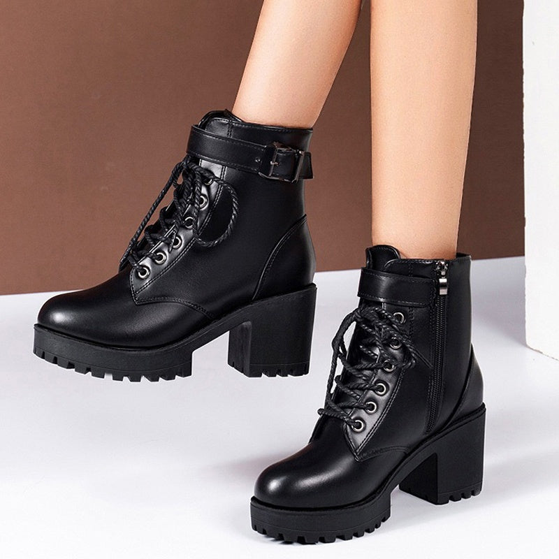 Women’s Leather Lace-Up High Heeled Short Boots Black